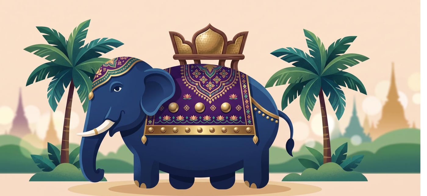 Illustration of a Thai ceremonial elephant among palm trees