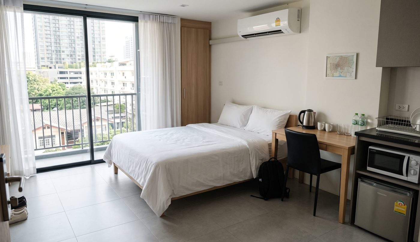 A bright modern serviced studio with a balcony, kitchenette and desk, near Samitivej Hospital in Bangkok