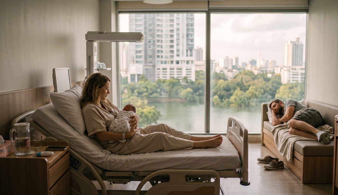 A father asleep on the second bed in a private maternity room