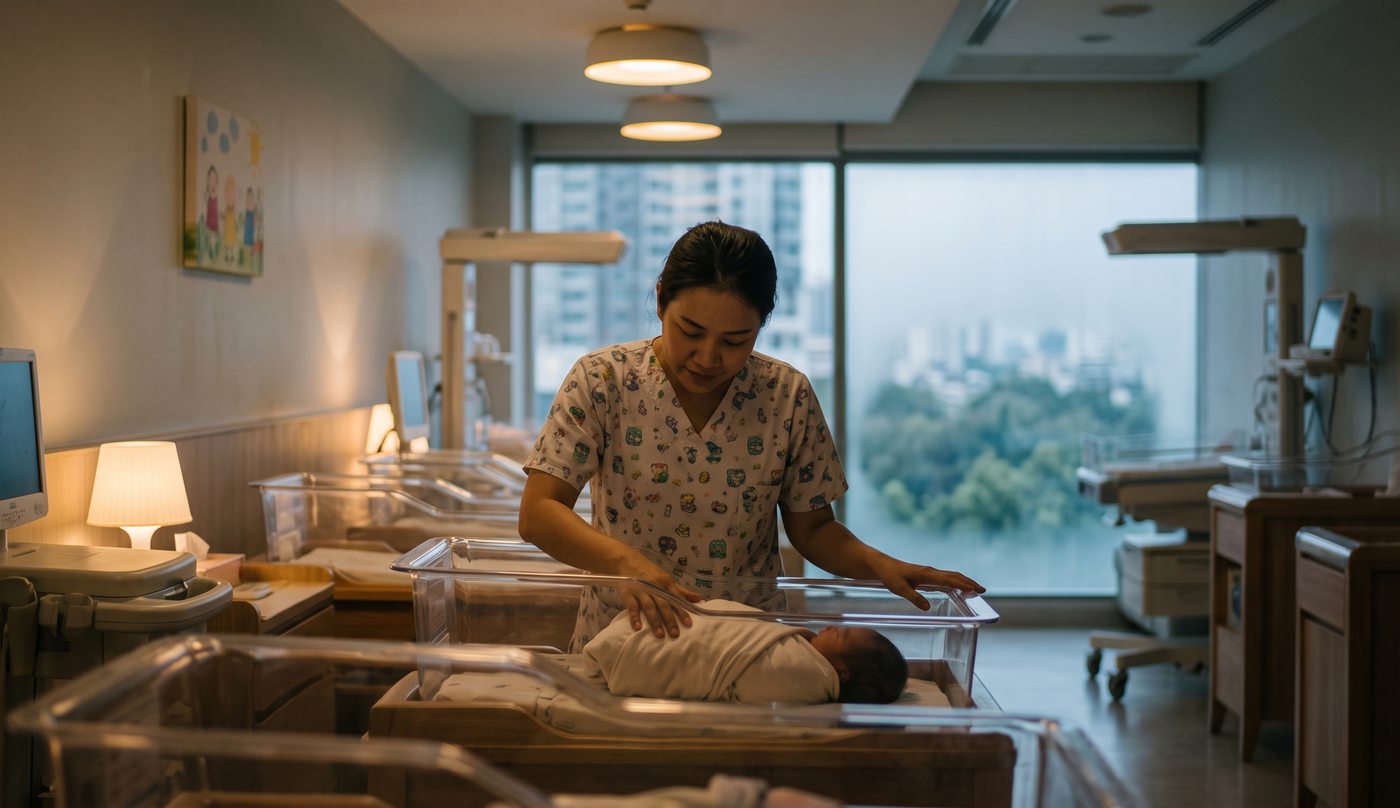A hospital nursery with bassinets in soft light