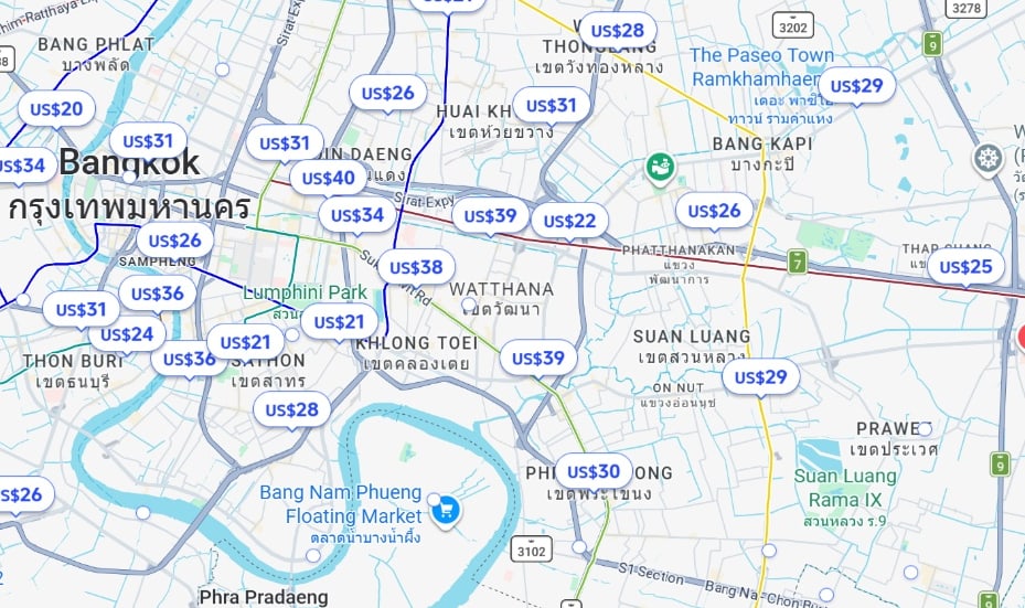 Map of Bangkok showing nightly room rates between US$20 and US$40 across the city
