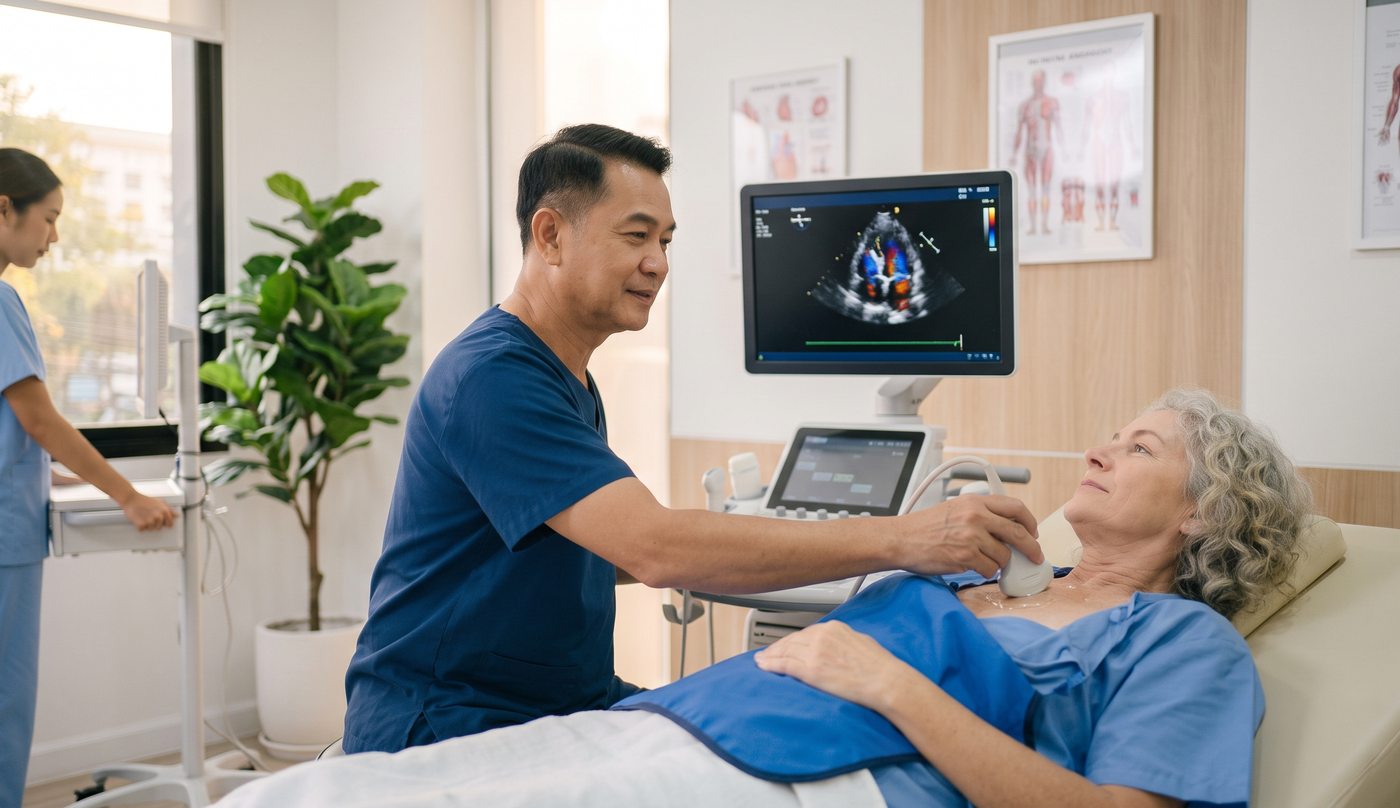 A cardiologist performing an echocardiogram with the colour Doppler image on the monitor