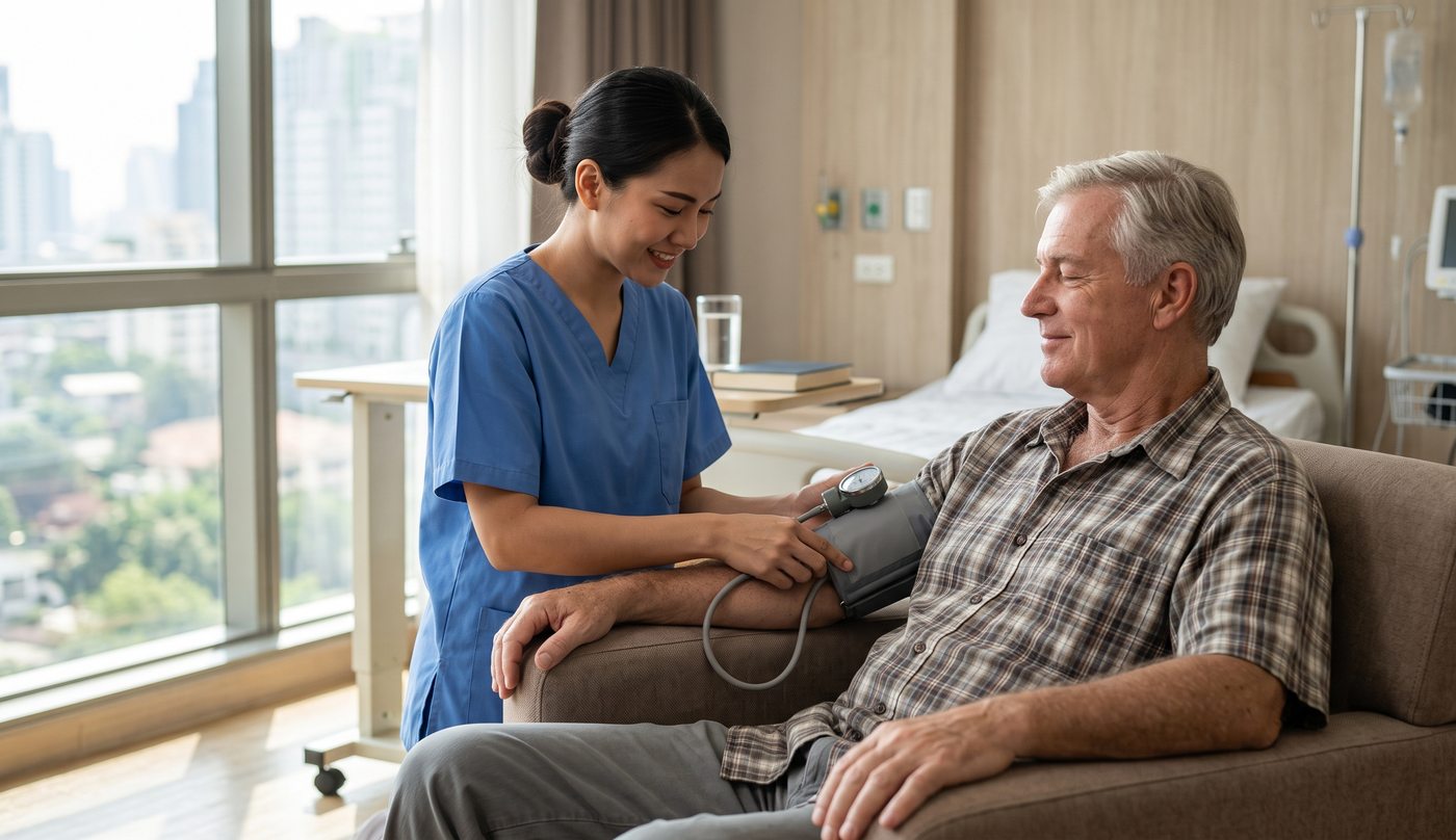 A nurse taking a patient's blood pressure in a private hospital room in Bangkok