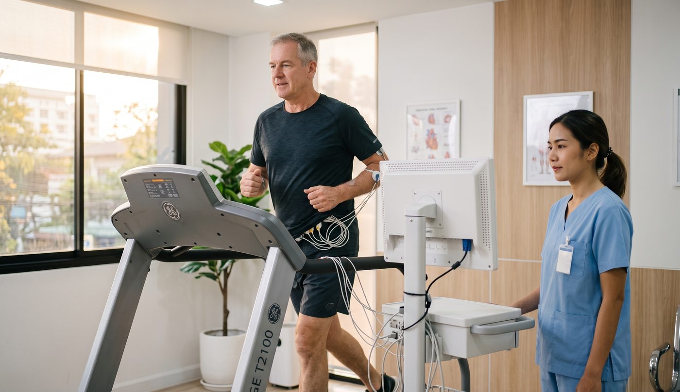 A patient on a treadmill with monitoring leads, a technician alongside
