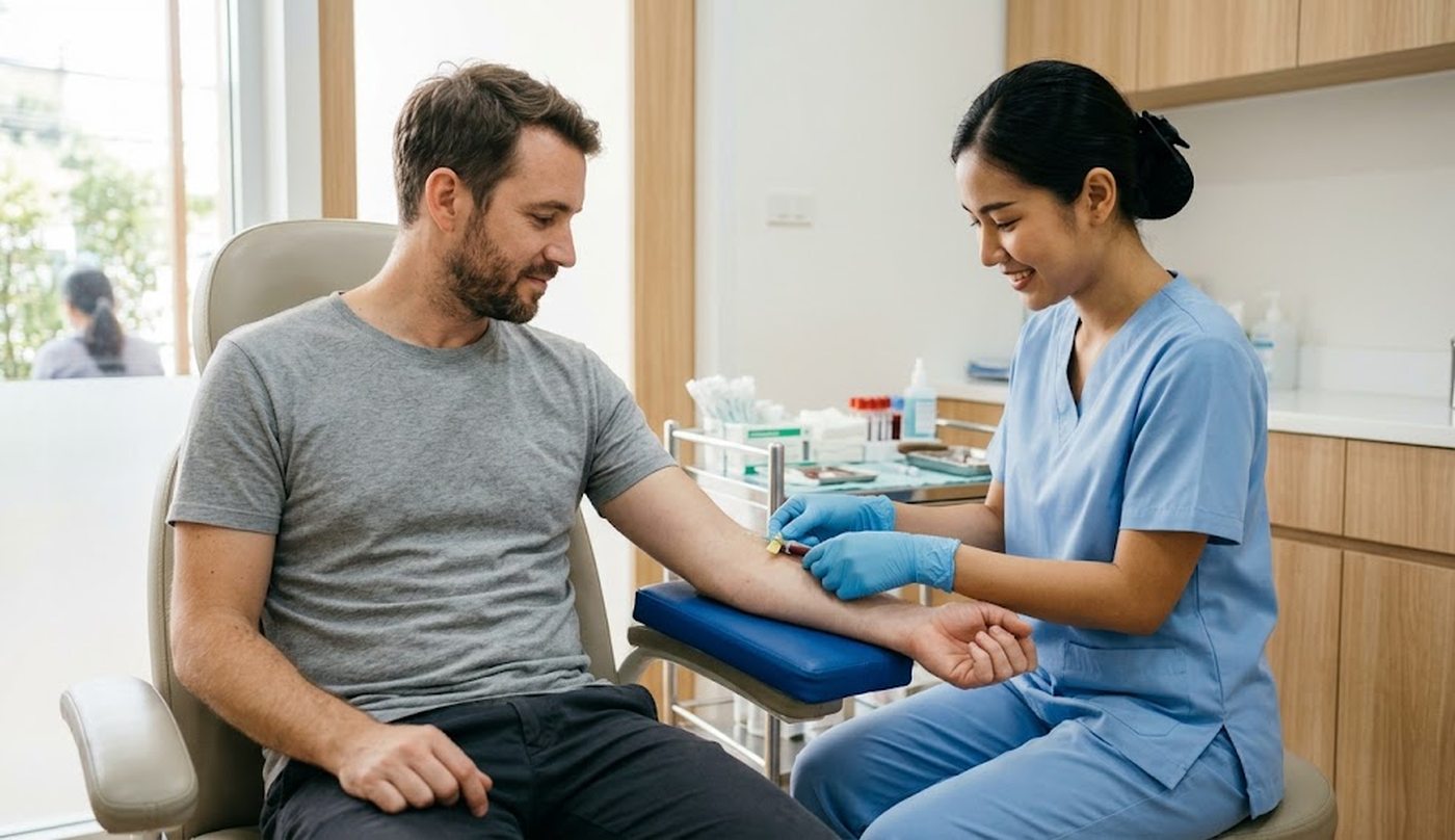 A blood sample being taken at a Bangkok screening centre
