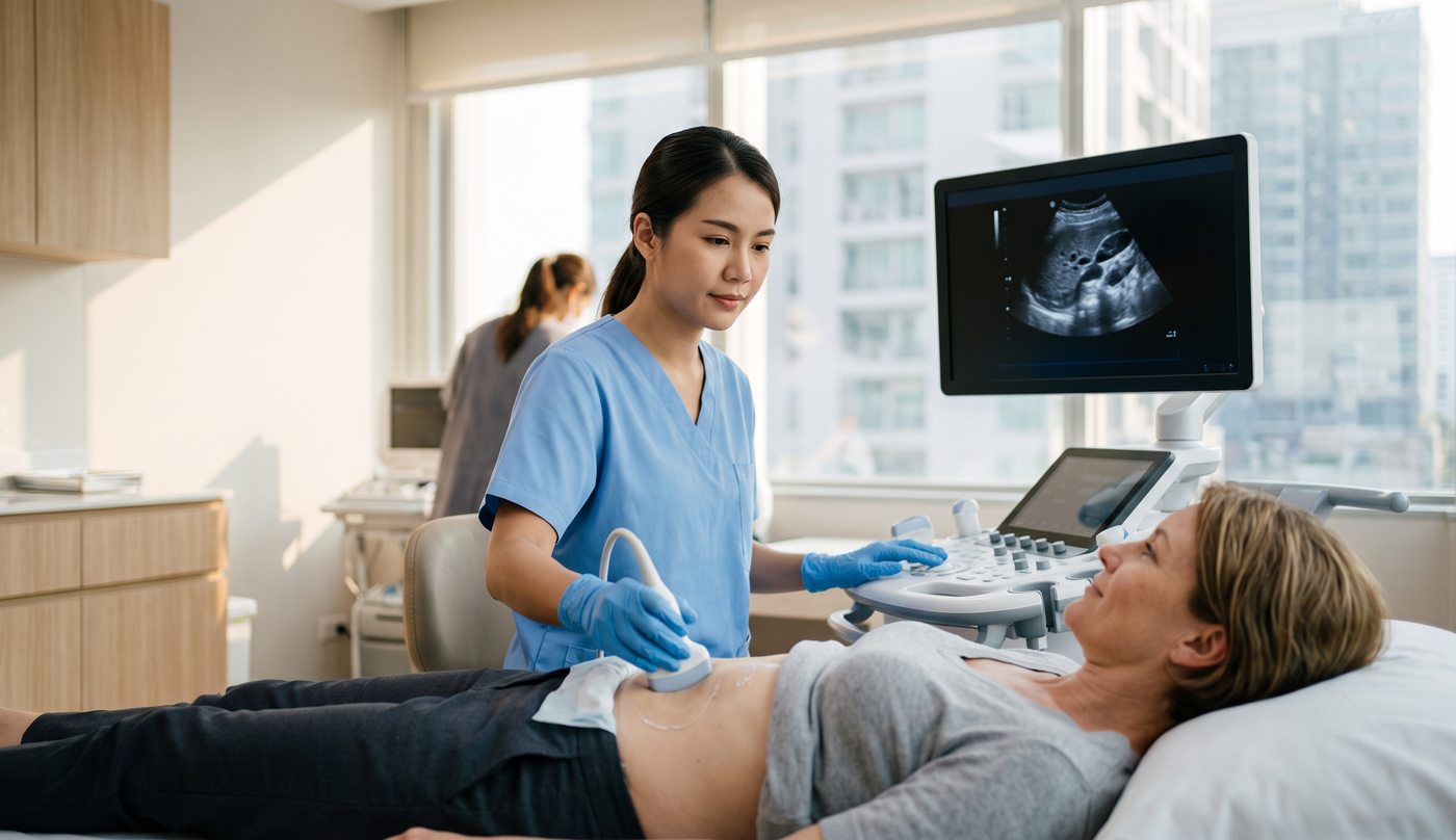 An abdominal ultrasound in progress with the screen visible