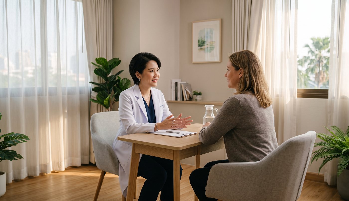 A doctor and patient talking across a desk in a calm Bangkok clinic consultation room