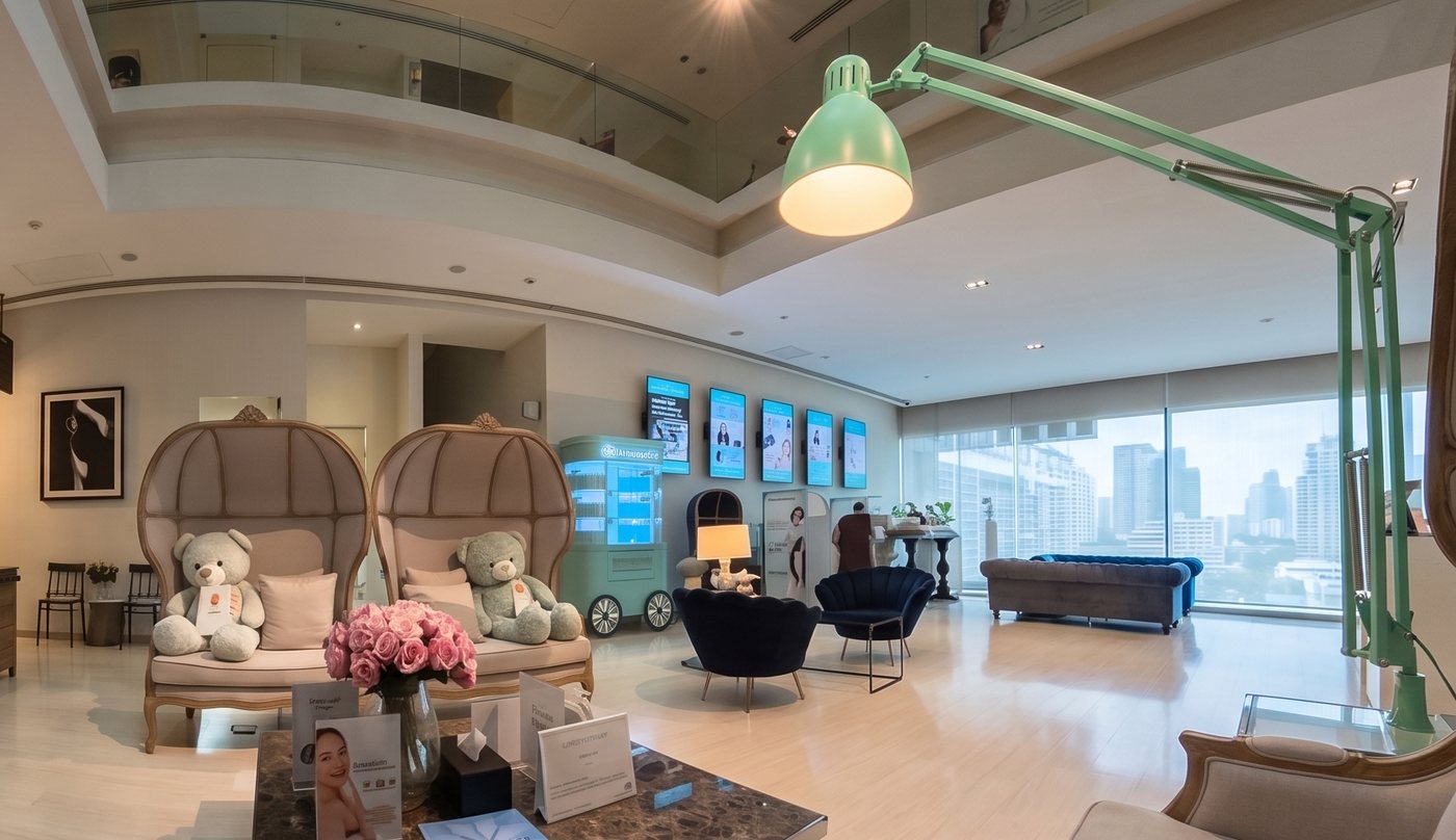The calm, lounge-like reception of an upmarket Bangkok aesthetic clinic, with a city view