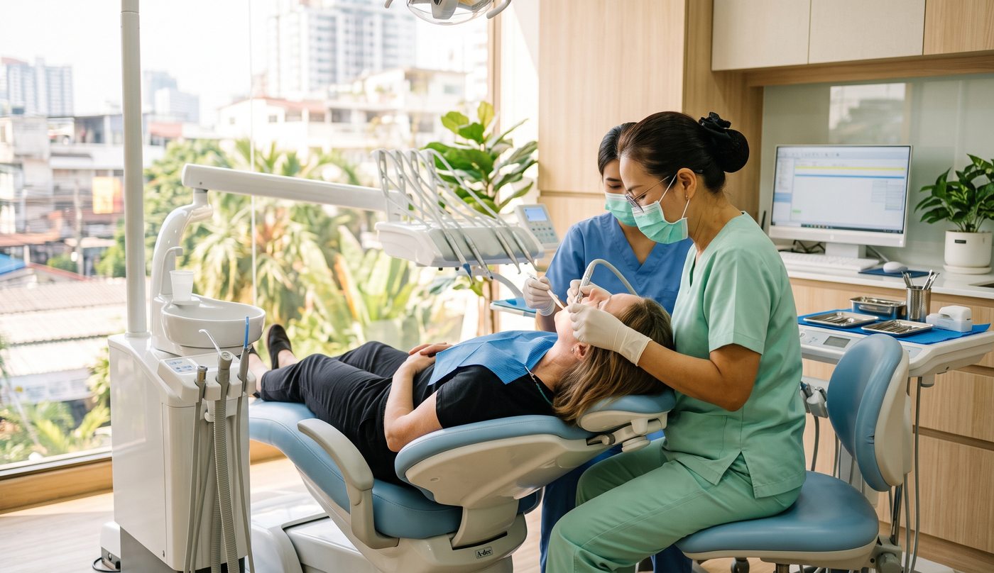 A dentist working on a patient reclined in a treatment chair