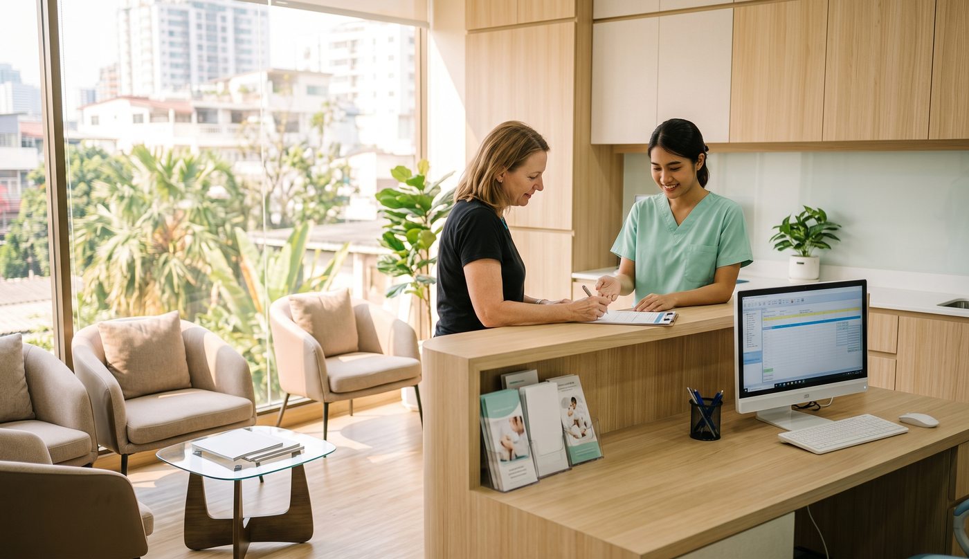 The clean modern reception area of a dental centre in Bangkok