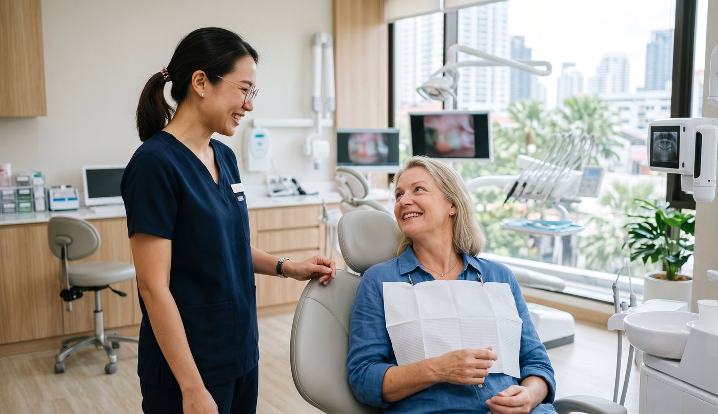 A Thai dentist talking with a patient in a bright dental treatment room in Bangkok