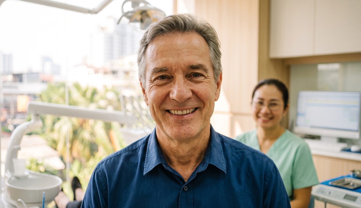 A man in his sixties smiling naturally in daylight