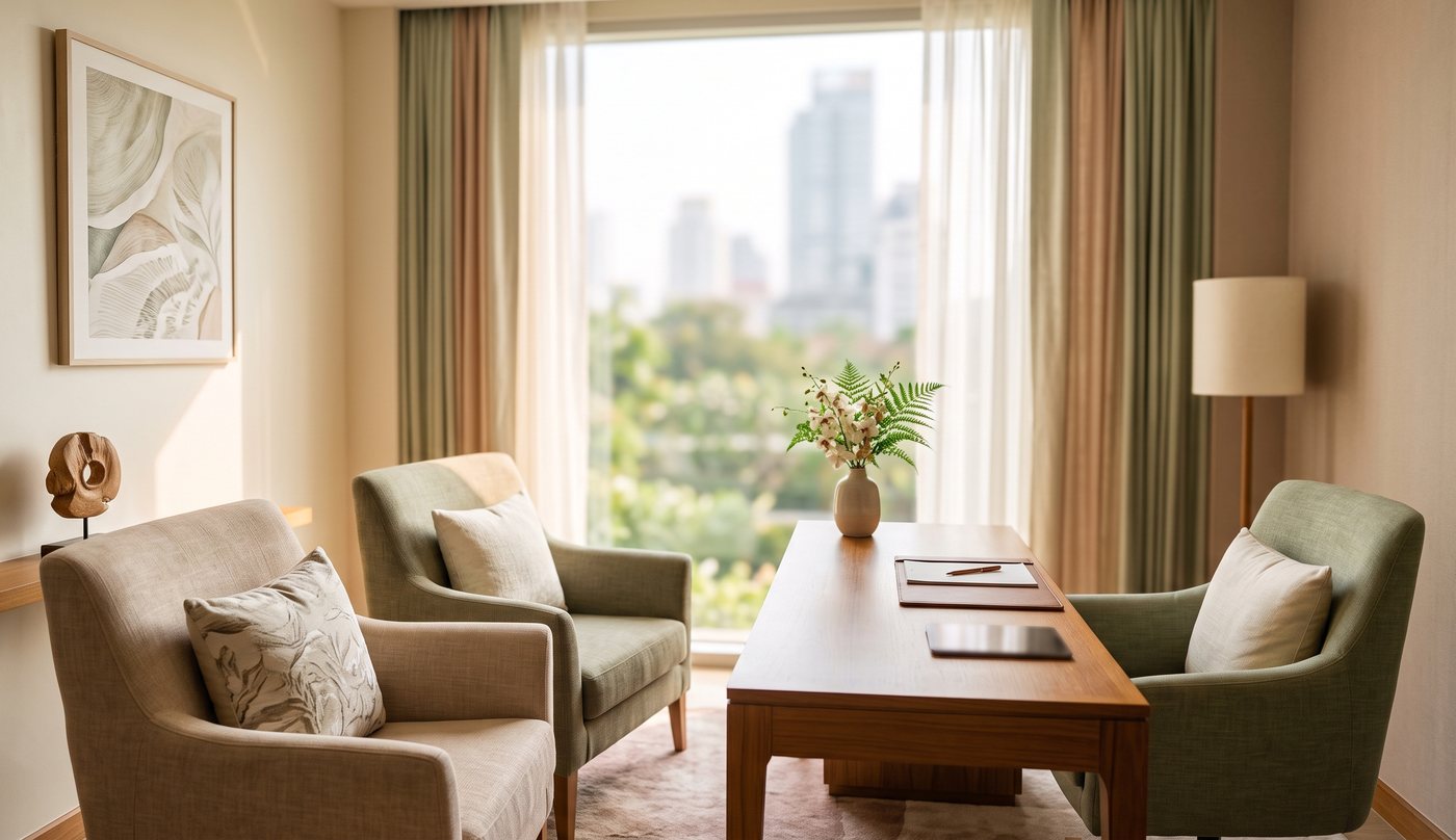 A calm private consultation area with two chairs at a desk beside a window
