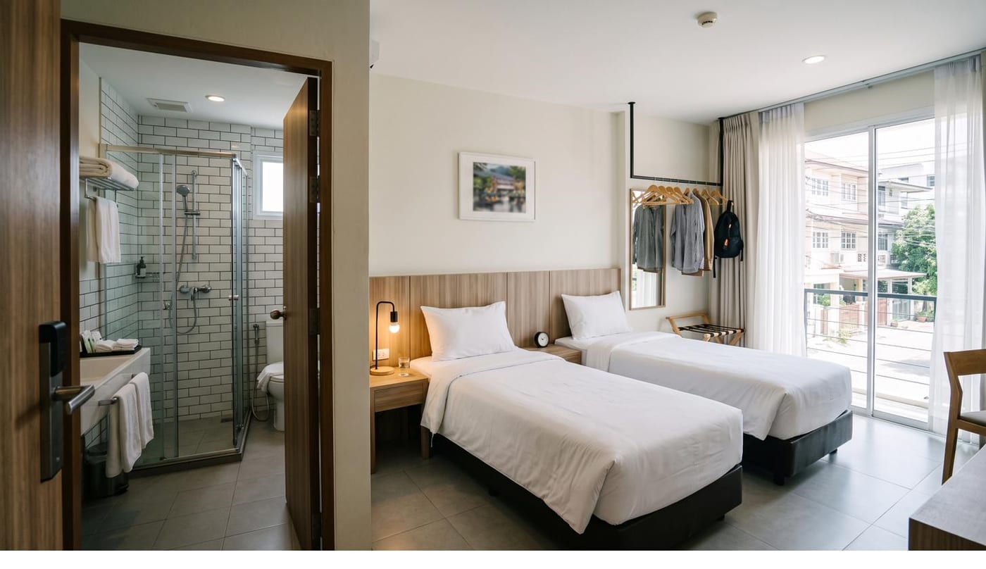 A simple, clean hotel room in Sukhumvit