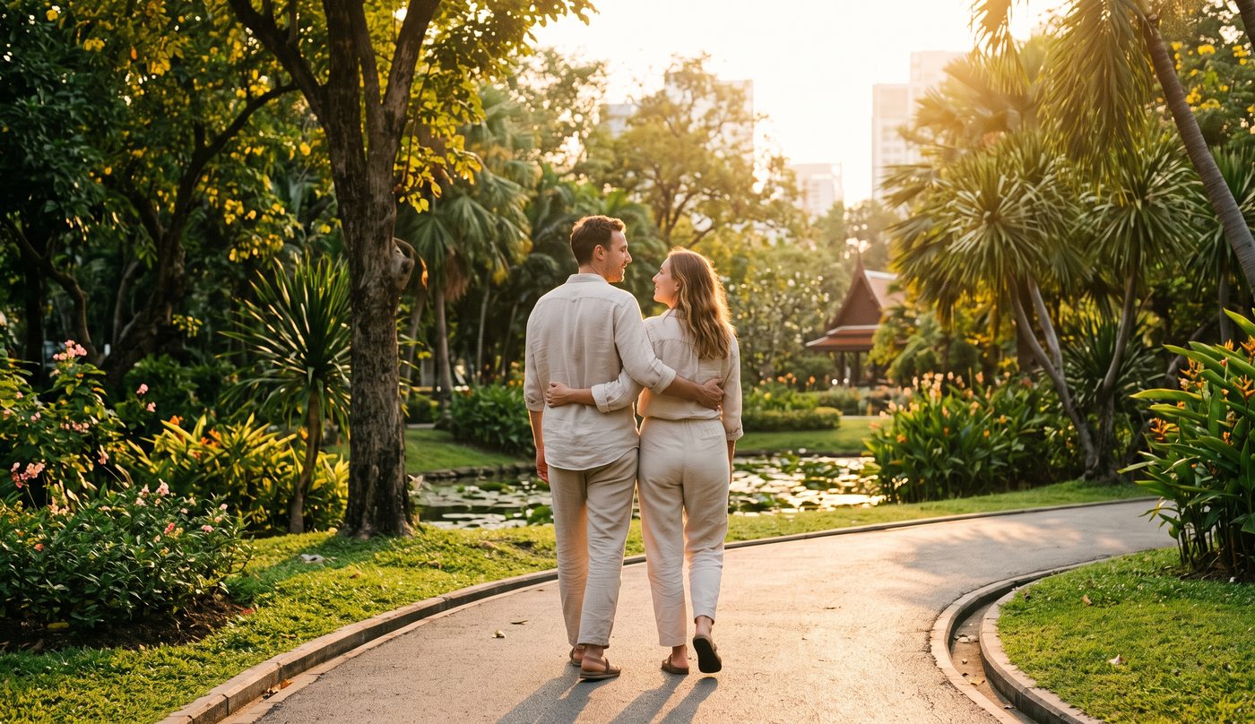 A couple walking together in a Bangkok park