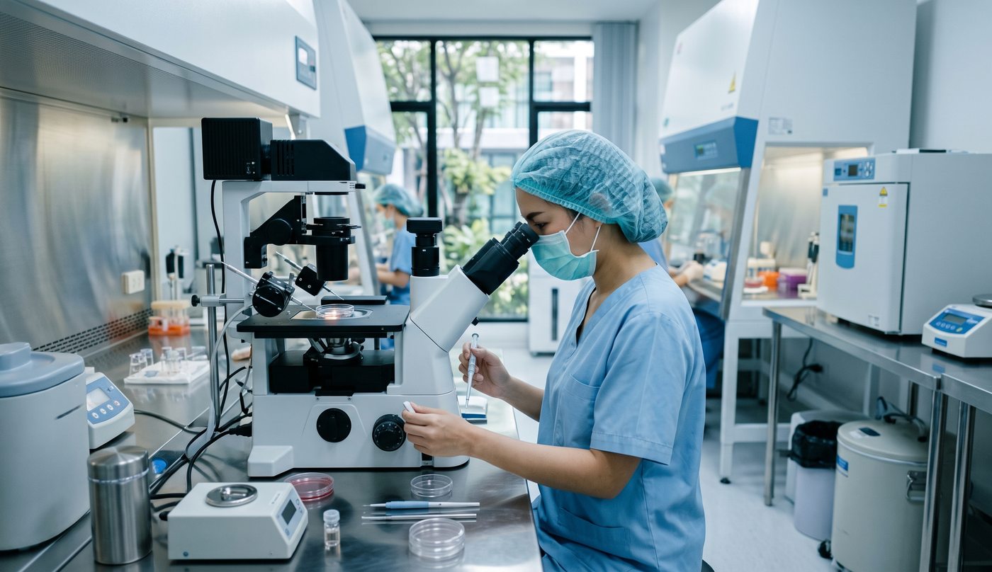 An embryology laboratory, technician working at a microscope