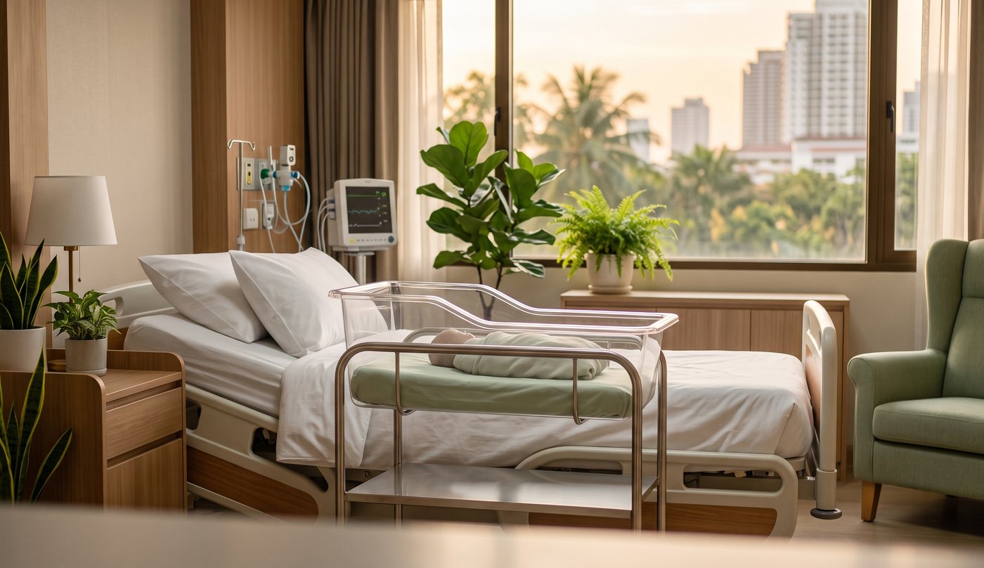 A warm private maternity room with a bassinet beside the bed and Bangkok visible through the window