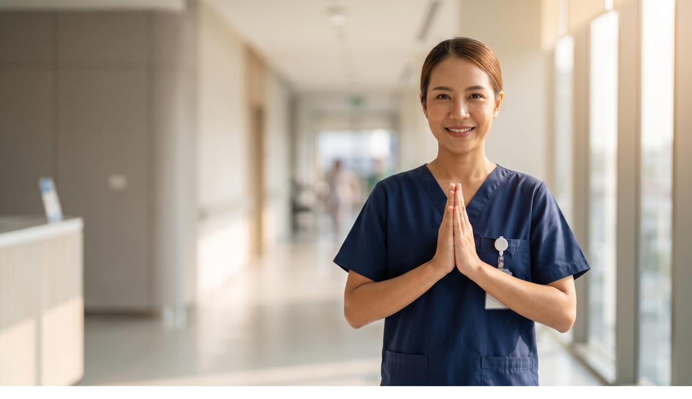 A nurse, smiling