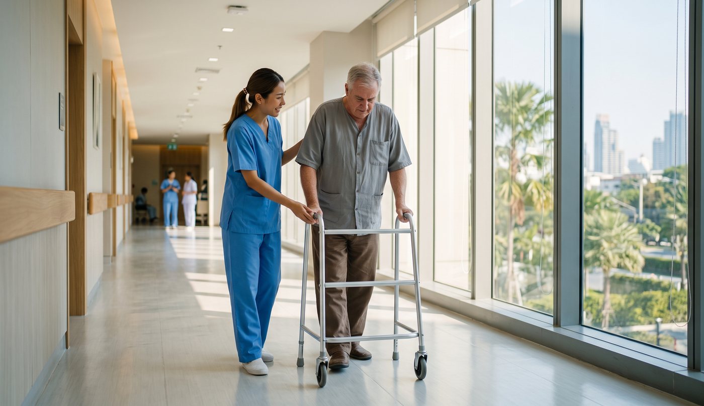 A physiotherapist supporting a patient walking with a frame in a bright hospital corridor