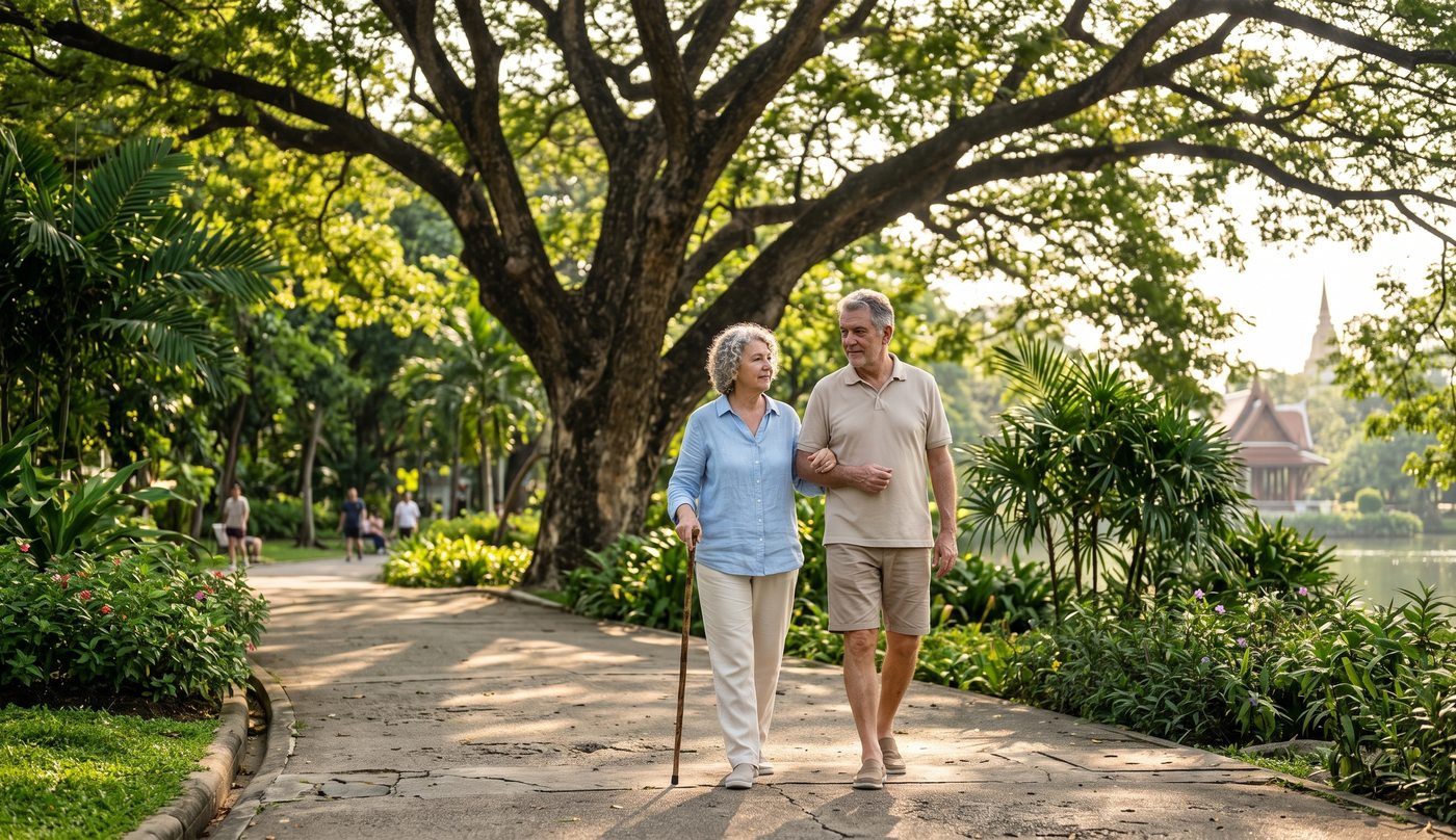 An older couple walking together in a Bangkok park, one using a stick