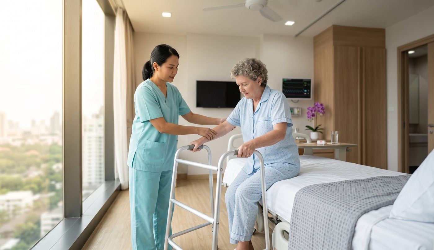 A private orthopedic hospital room with a walking frame beside the bed