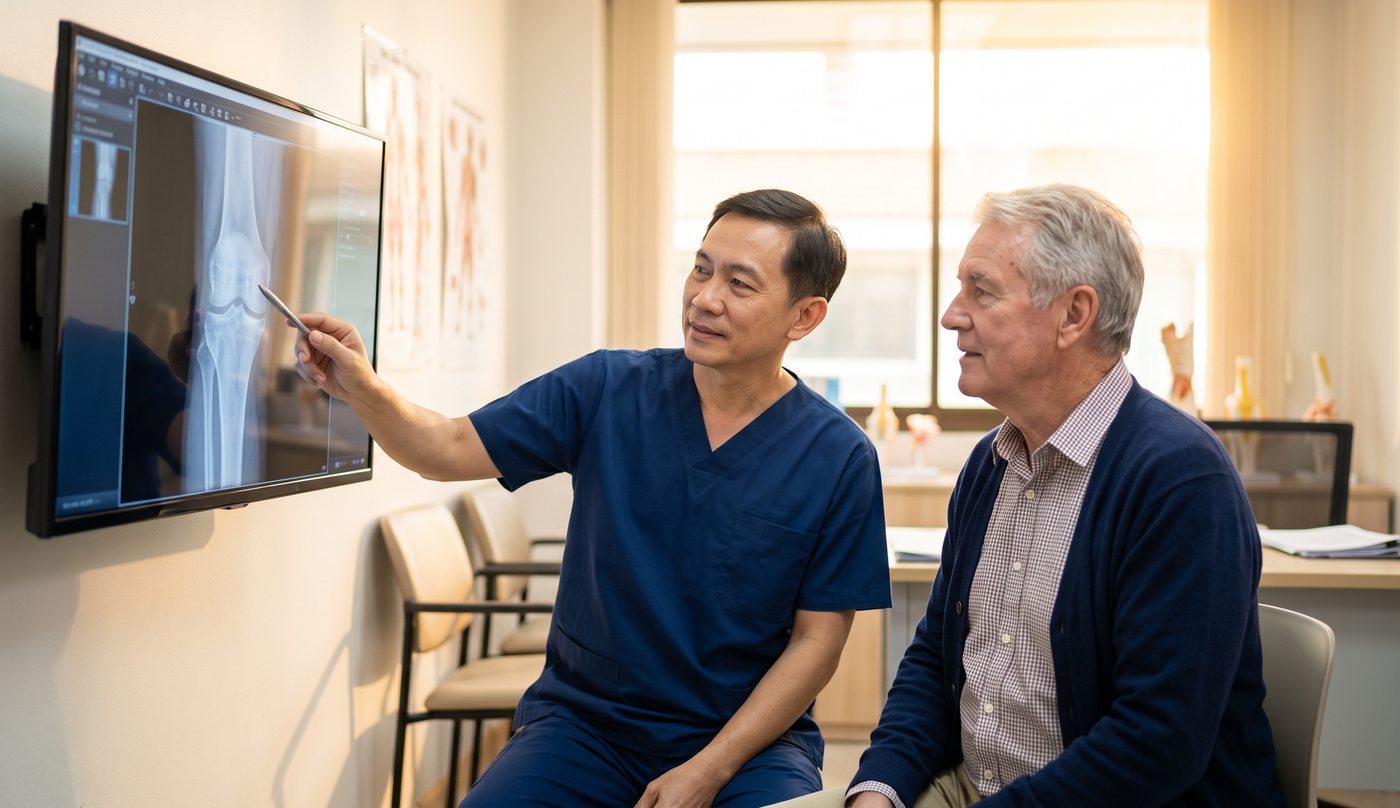 A surgeon pointing at a knee X-ray displayed on a monitor