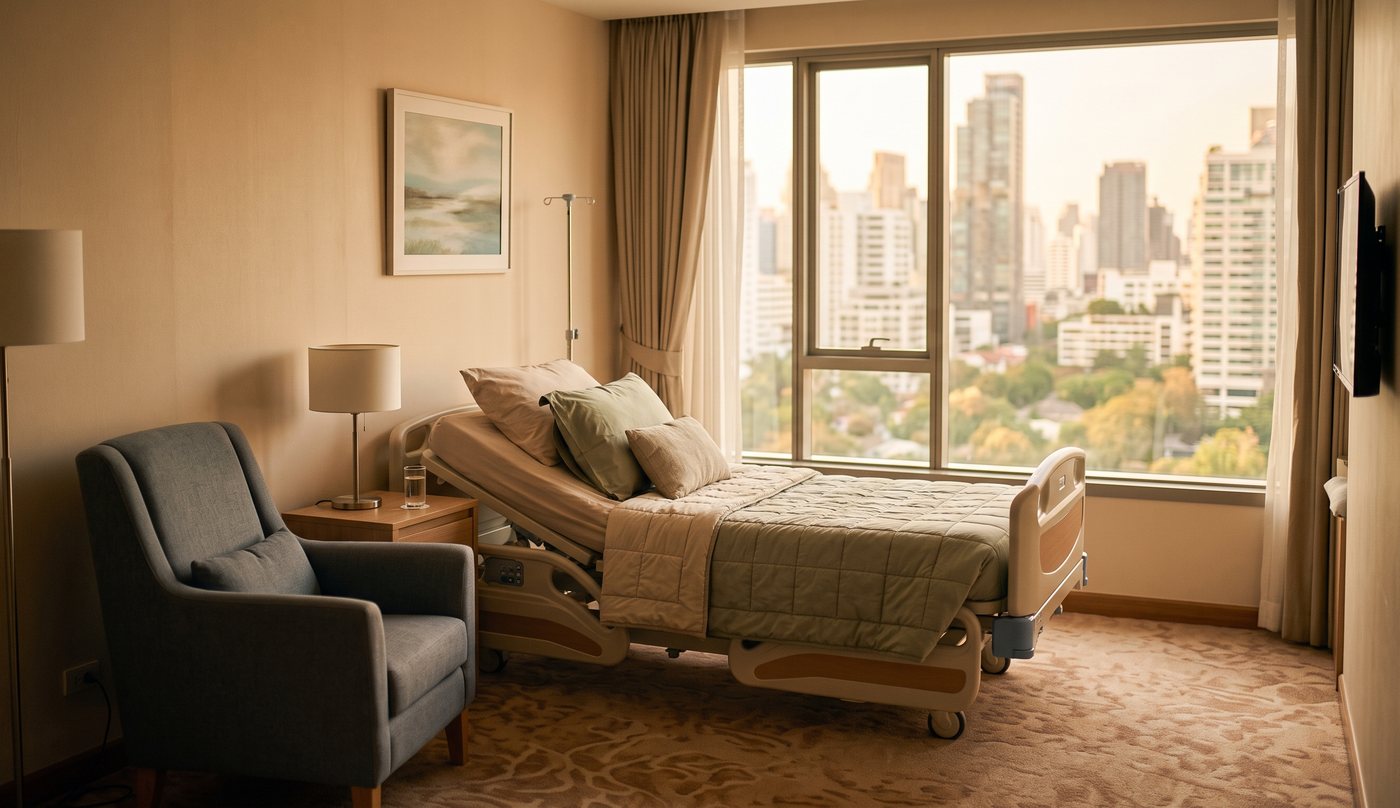 A quiet private hospital recovery room with a made bed beside a large daylight window