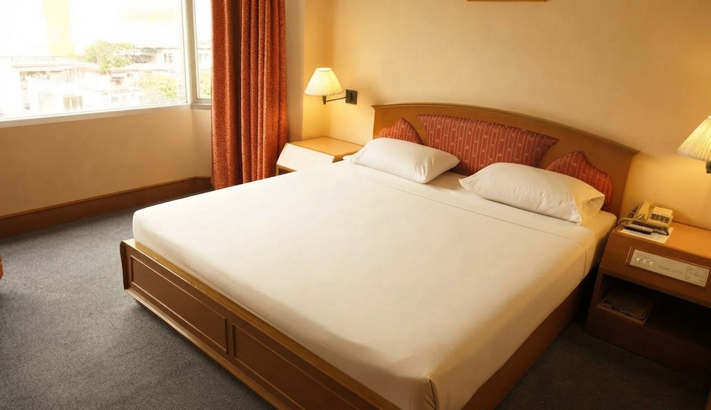 A plain, clean, air-conditioned hotel room with a king bed and a large window — a typical US$30-a-night room in Bangkok