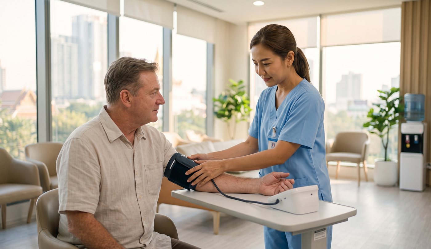 A nurse taking a seated patient's blood pressure in a modern Bangkok screening centre