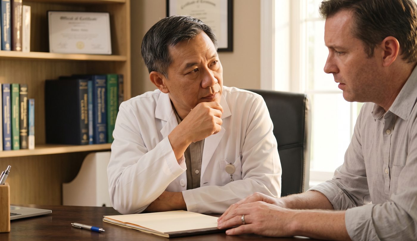 A doctor listening carefully to a patient across a desk