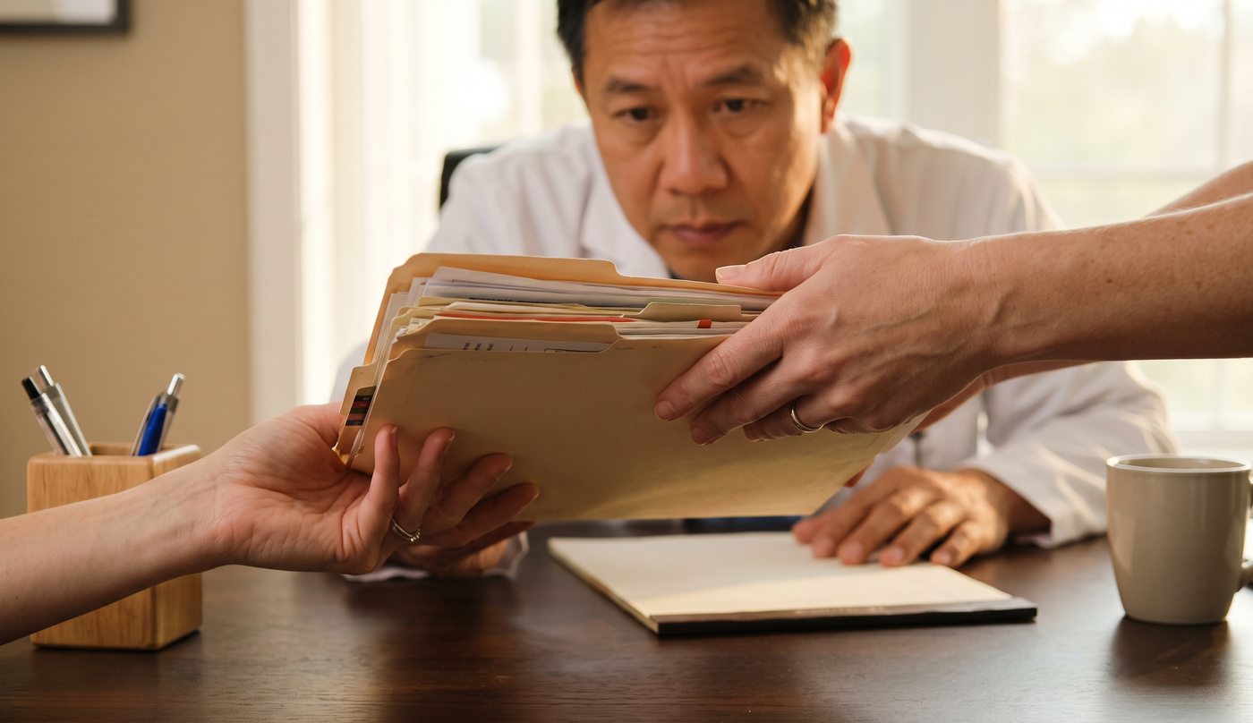 Hands holding a folder of medical records and scan films