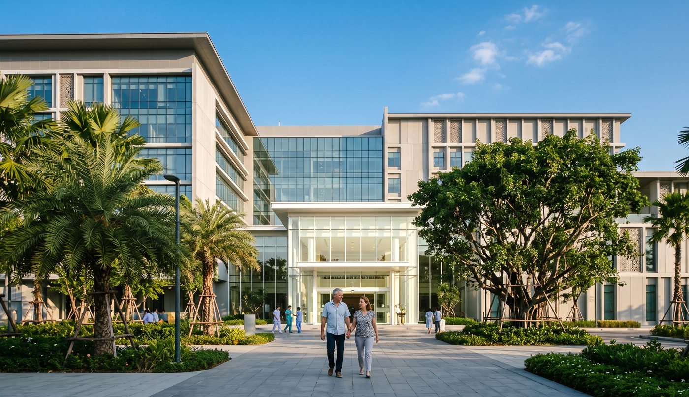 The exterior of a large Thai university hospital in daylight