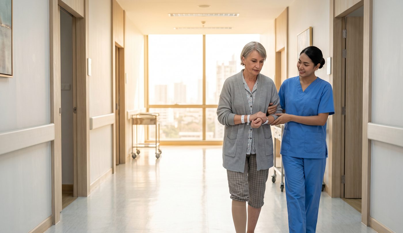 A bright, quiet hospital corridor