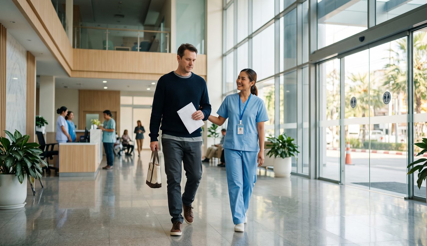 A patient in day clothes being walked to the exit by a nurse