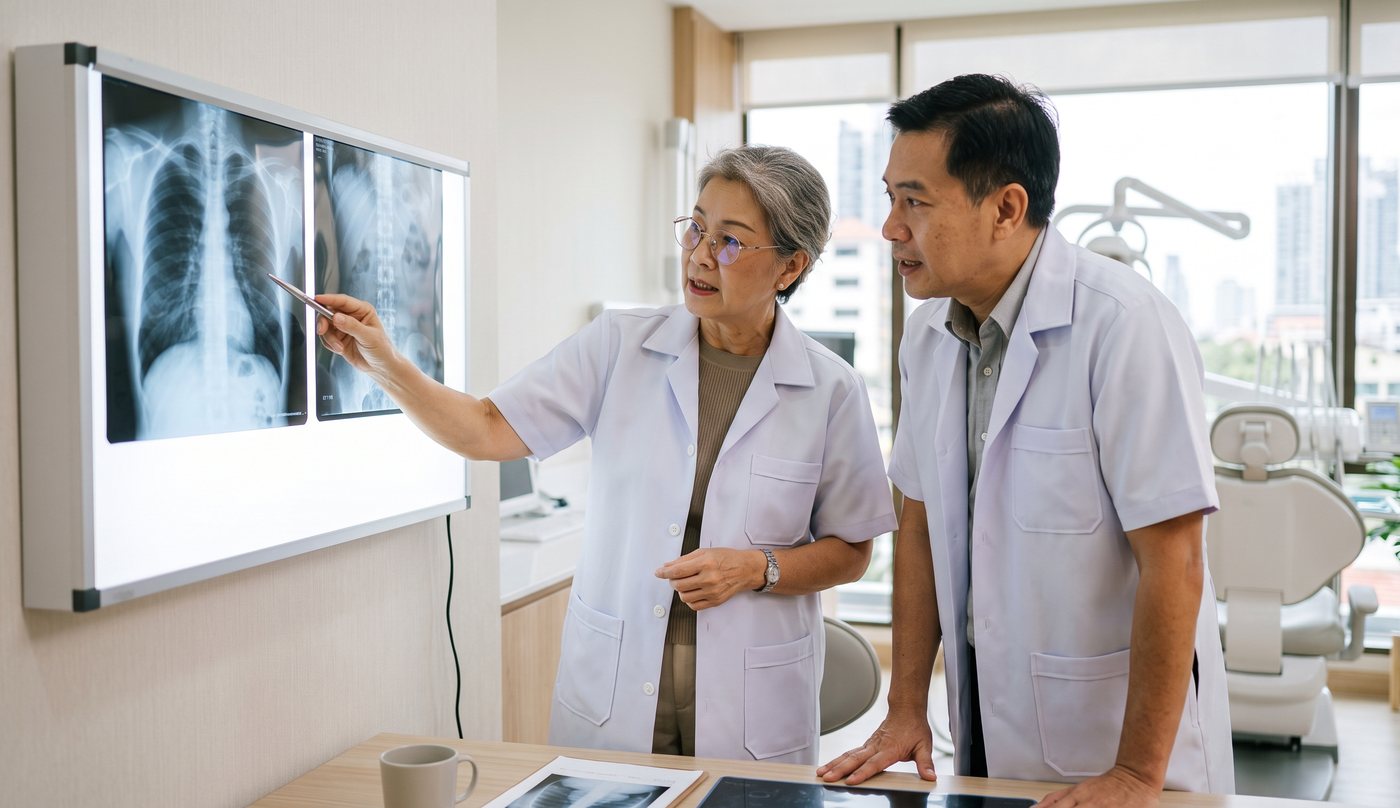 Two doctors standing together reviewing a scan on a screen
